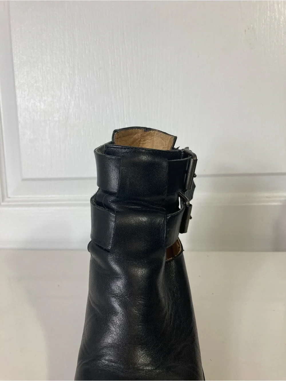 OFFICE LONDON Boots EU 37/US 7 Black Leather 2-Straps Buckle Stack Block Heel
